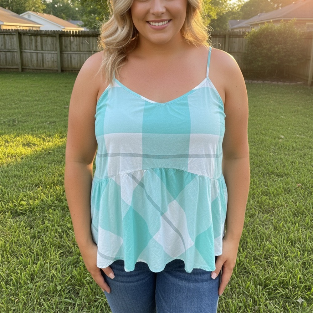 Old Navy Plus size Peplum Cami Tank Plaid With Mint and Gray Size XXL